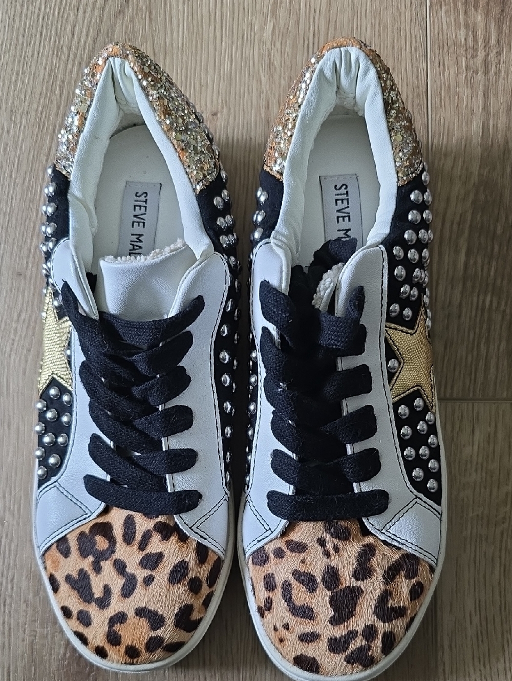 Steve Madden Black, White, Leopard & Gold Star Studded Sneakers